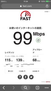 iPhone有線LAN接続の速度（fast.comの測定結果）